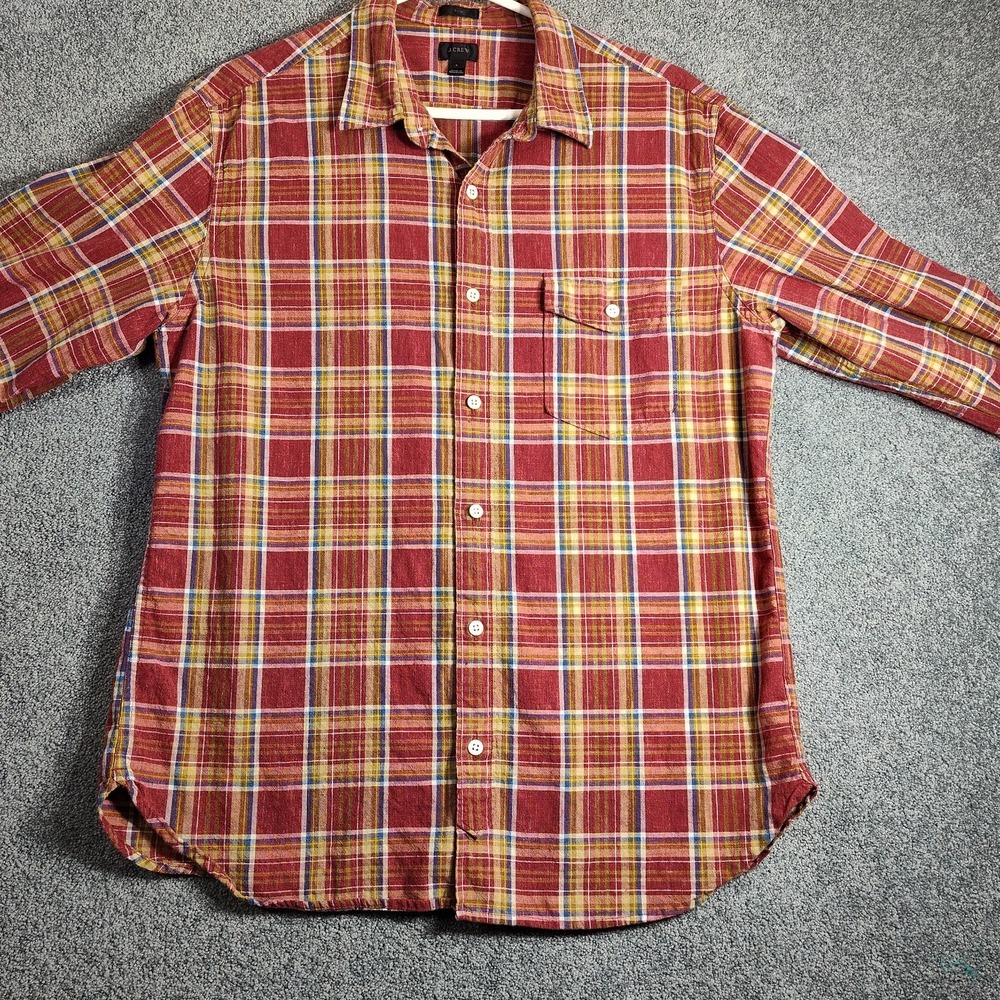 J.CREW Button Up Men L Slim F4165 Red Beige Plaid Pocket Good